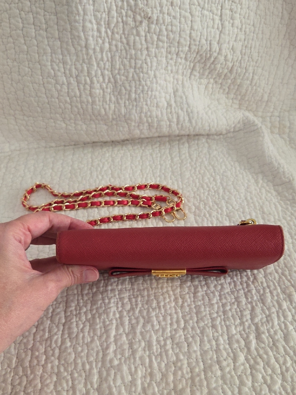 Prada Red Saffiano Leather Crossbody with unbranded red and gold chain - Picture 7 of 9